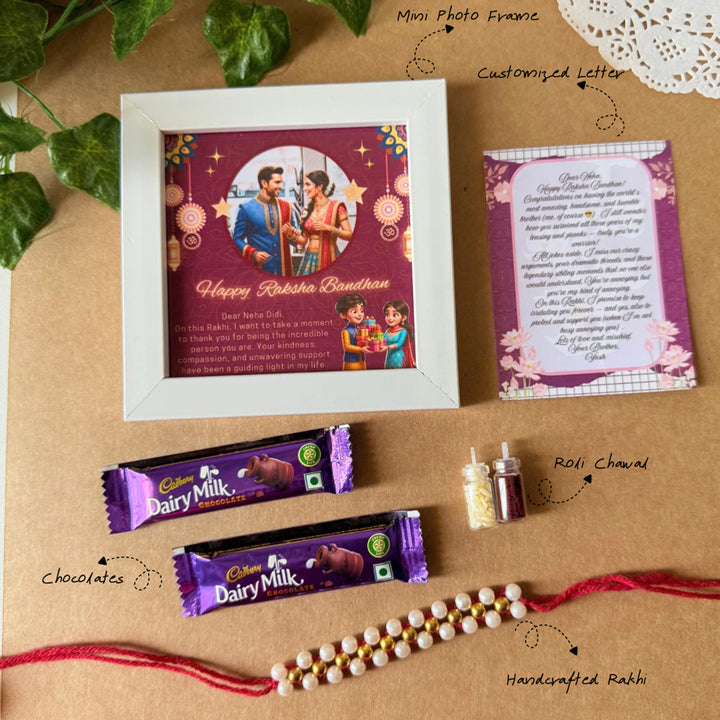 Rakhi Gift Hamper For Sister | Includes 1 Mini Photo Frame, 1 Rakhi, 1 Roli Chawal, 1 Letter And 2 Diary Milk