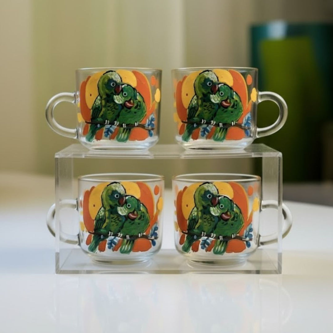 Hand-Painted Tota Couple Parrot Glass Tea Cups