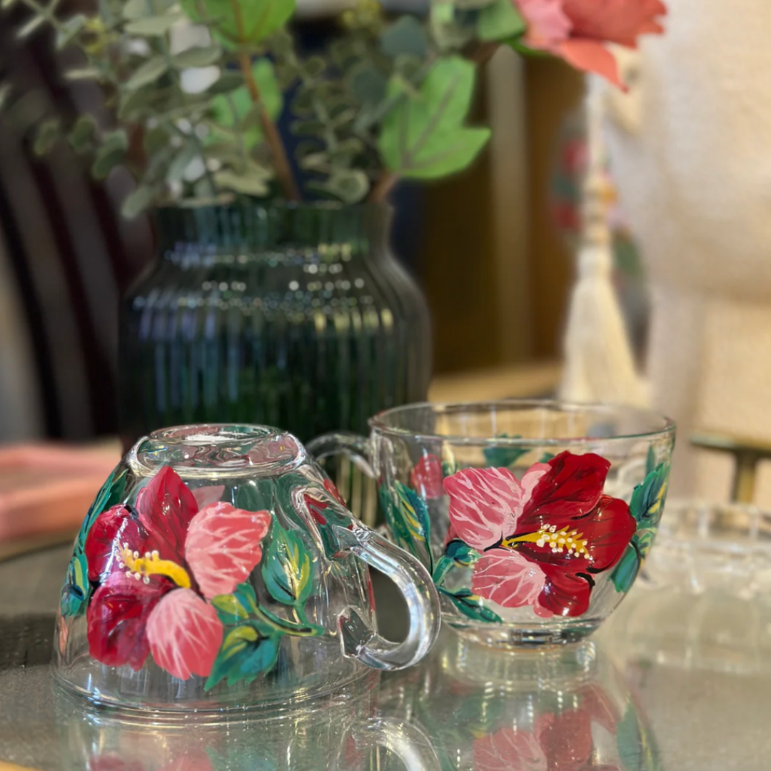 Hand-Painted Hibiscus Conical Glass Tea Cups