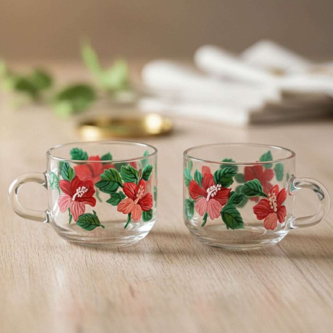 Hand-Painted Hibiscus Square Glass Tea Cups