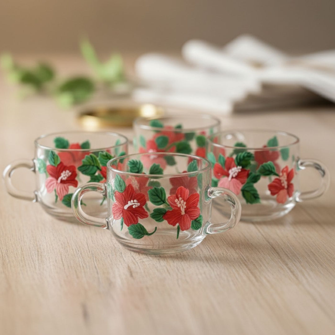 Hand-Painted Hibiscus Square Glass Tea Cups