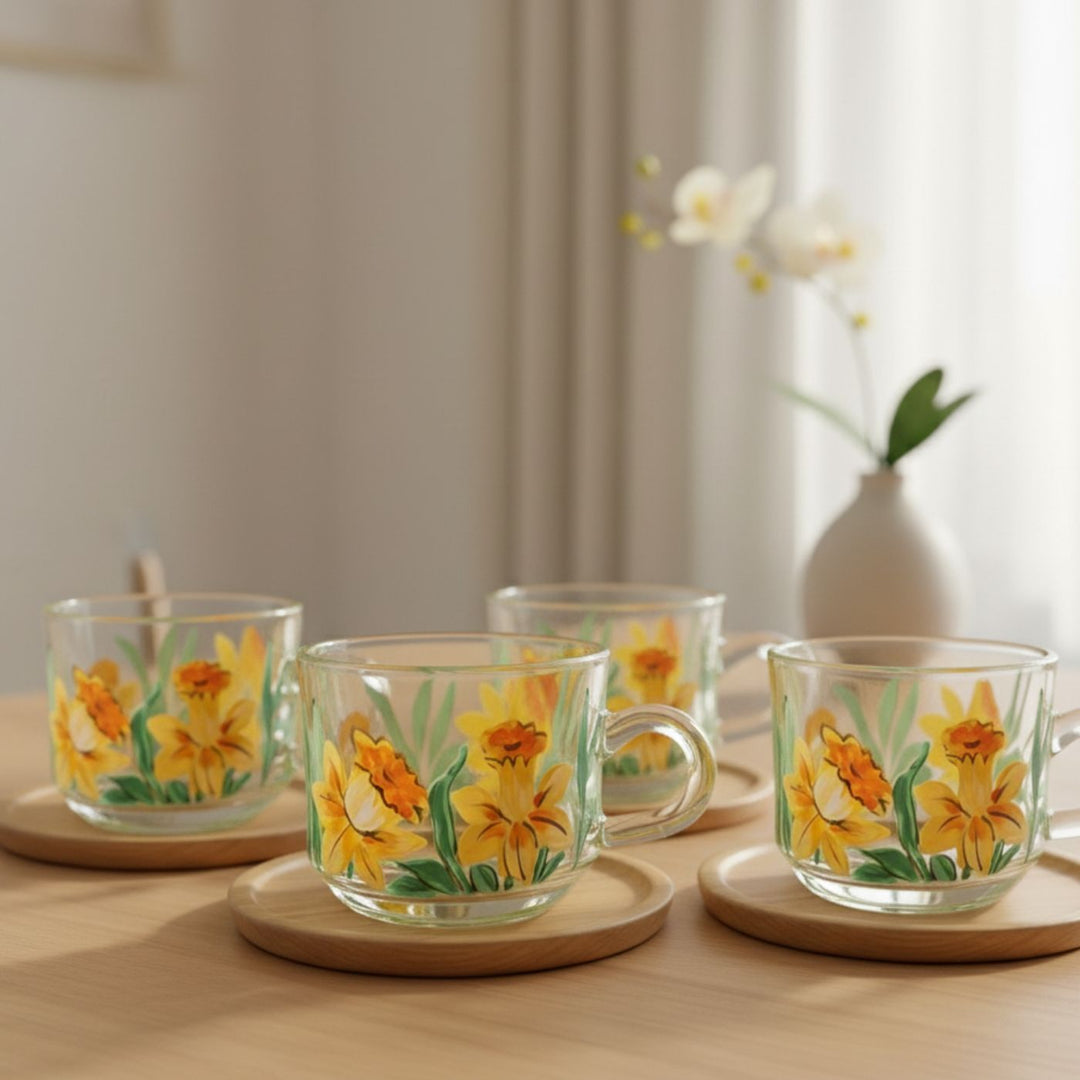Hand-Painted Daffodils Glass Tea Cups