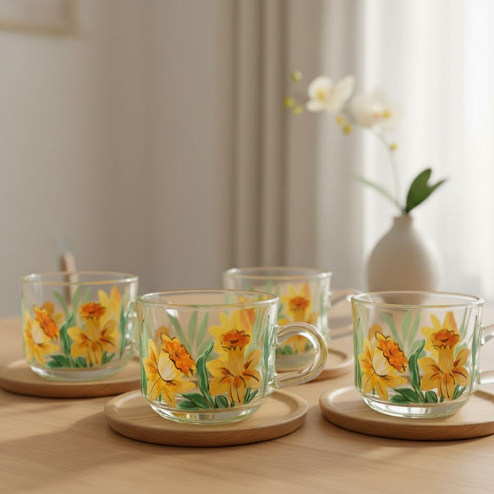Hand-Painted Daffodils Glass Tea Cups