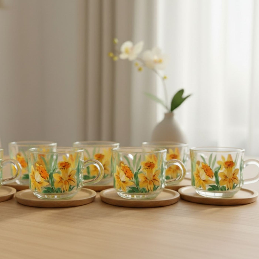Hand-Painted Daffodils Glass Tea Cups