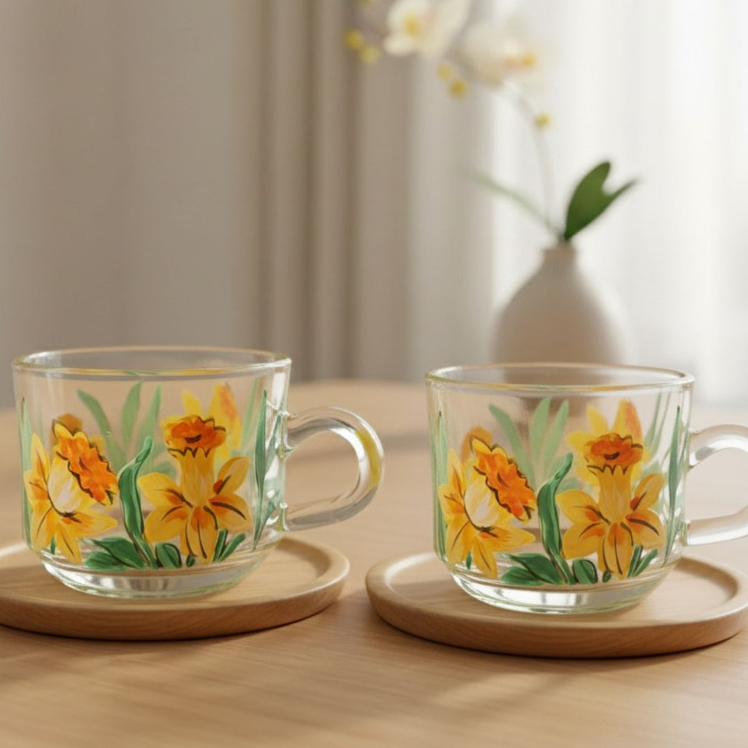 Hand-Painted Daffodils Glass Tea Cups