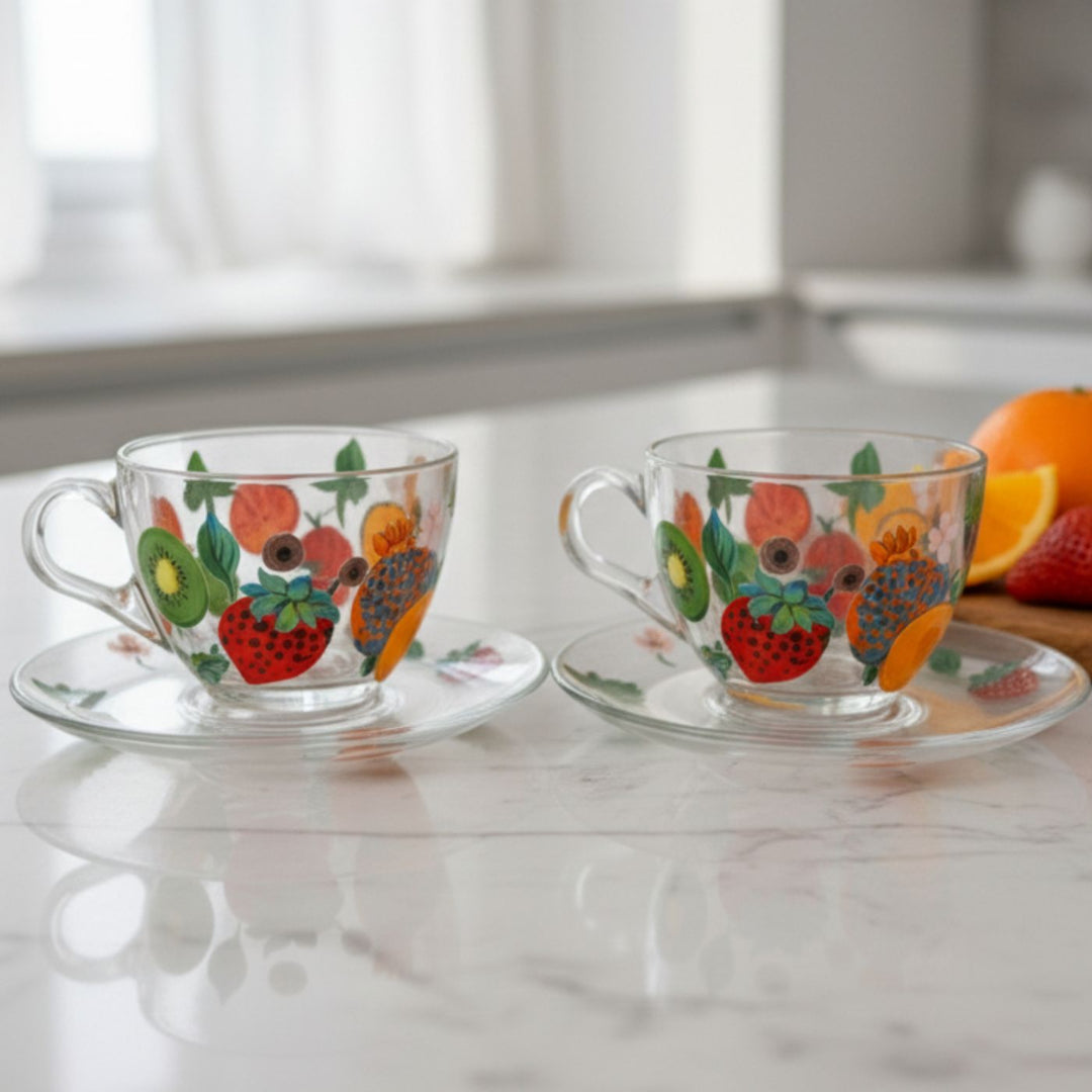 Hand-Painted Fruit Fiesta Glass Tea Cups With Saucers