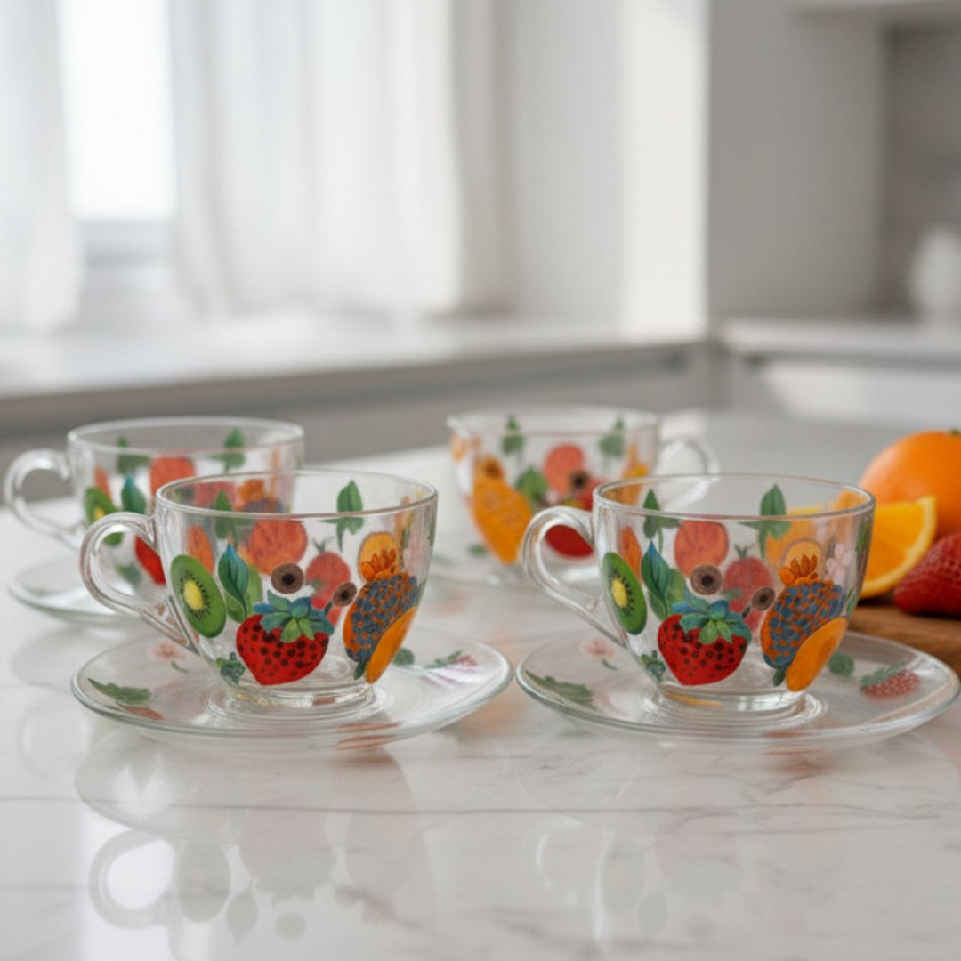Hand-Painted Fruit Fiesta Glass Tea Cups With Saucers