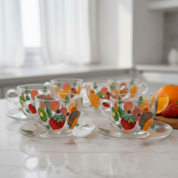 Hand-Painted Fruit Fiesta Glass Tea Cups With Saucers
