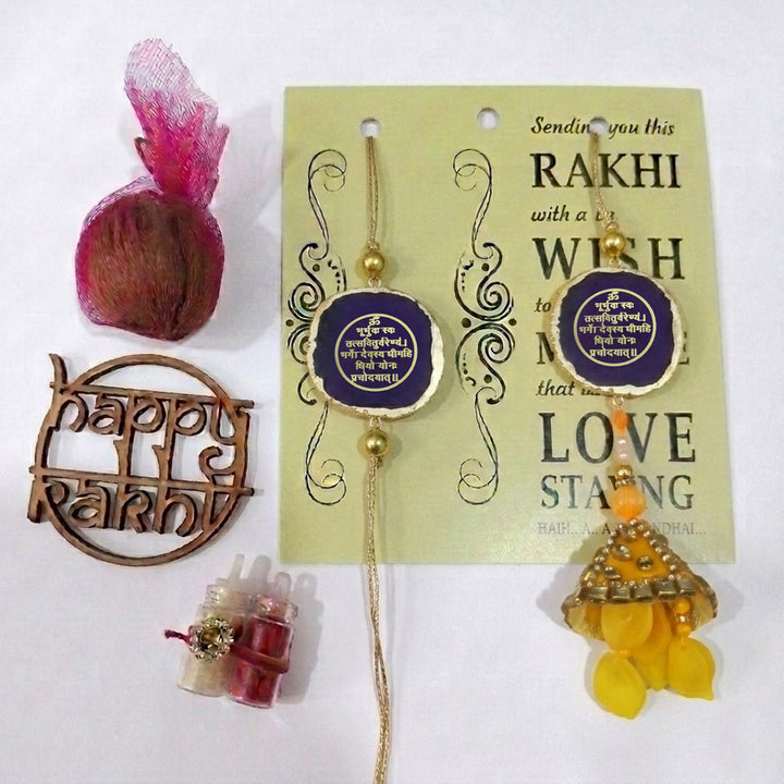 Handmade "Gayatri Mantra" Purple Premium Agate Bhaiya Bhabhi Couple Rakhi & Lumba Set With Roli Chawal, Nariyal And Gift Box | Set of 2
