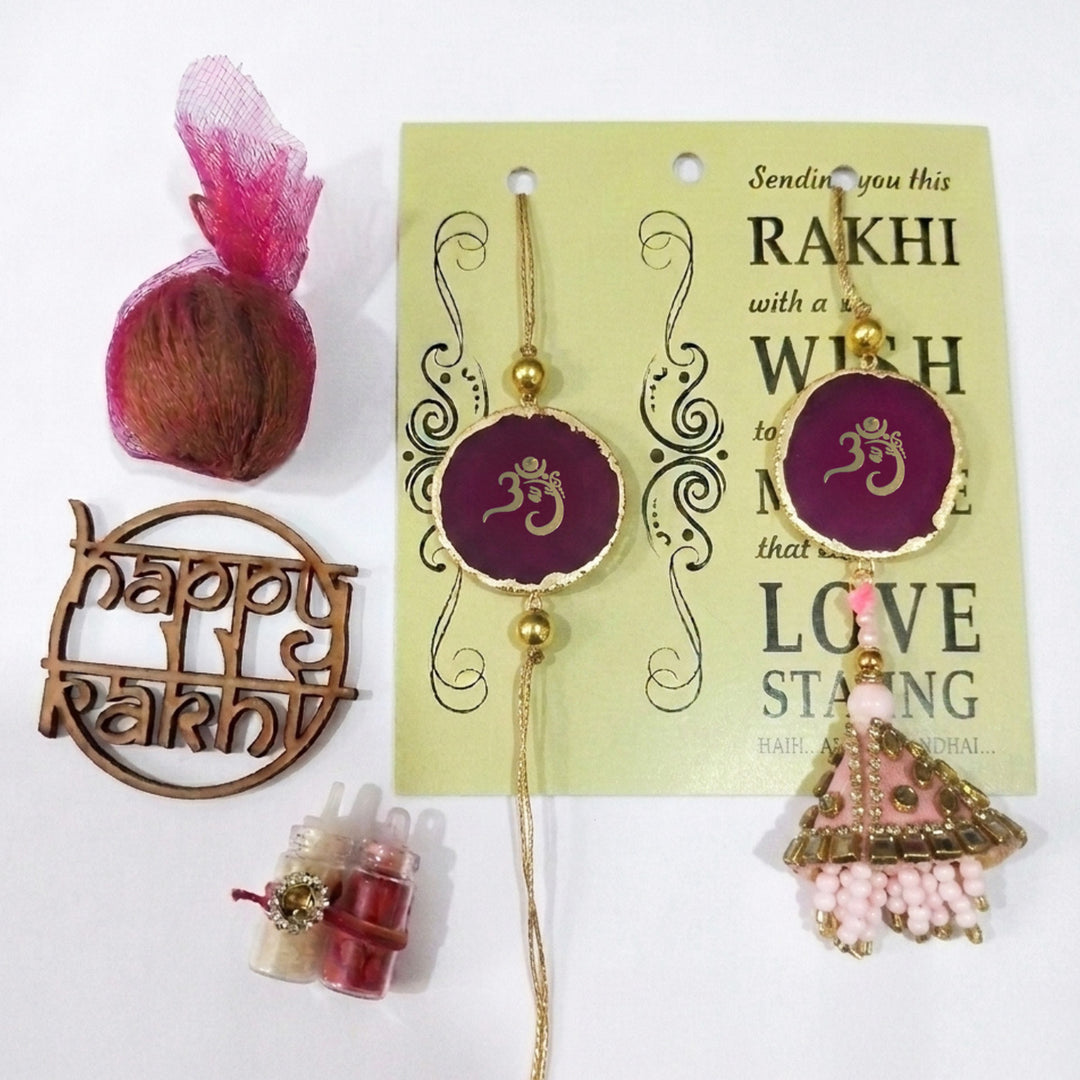 Handmade "Om" Pink Premium Agate Bhaiya Bhabhi Couple Rakhi And Lumba Set With Roli Chawal, Nariyal And Gift Box | Set of 2