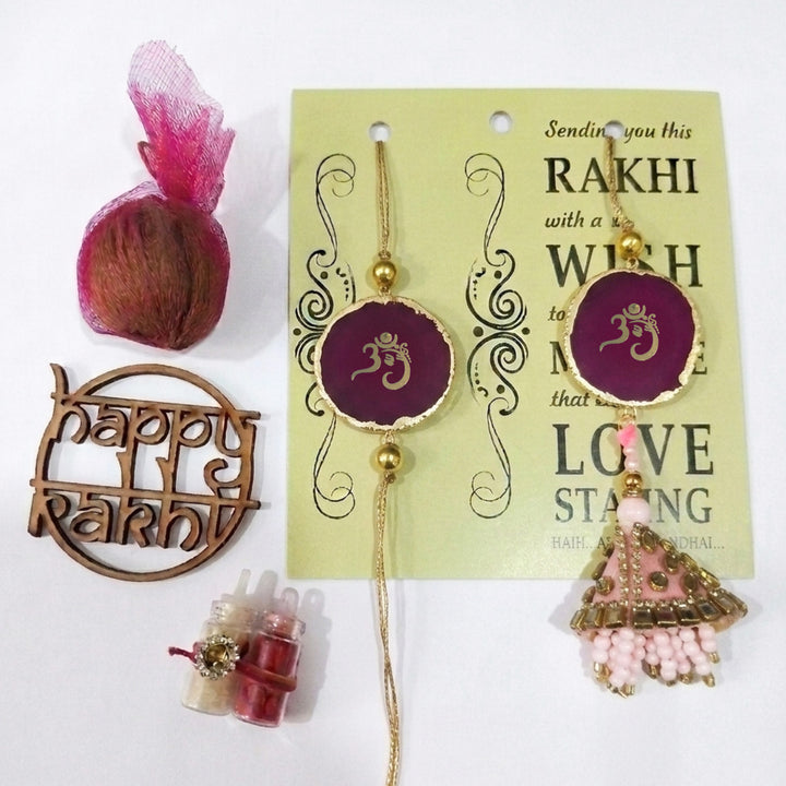 Handmade "Om" Pink Premium Agate Bhaiya Bhabhi Couple Rakhi And Lumba Set With Roli Chawal, Nariyal And Gift Box | Set of 2