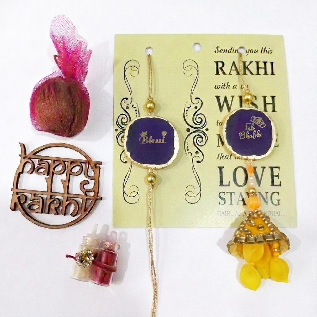 Handmade "Bhai Bhabhi" Purple Premium Agate Couple Rakhi And Lumba Set With Roli Chawal, Nariyal And Gift Box | Set of 2