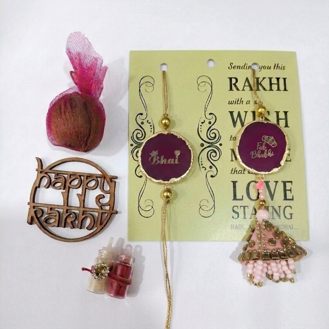 Handmade "Bhai Bhabhi" Pink Premium Agate Couple Rakhi And Lumba Set With Roli Chawal, Nariyal And Gift Box | Set of 2