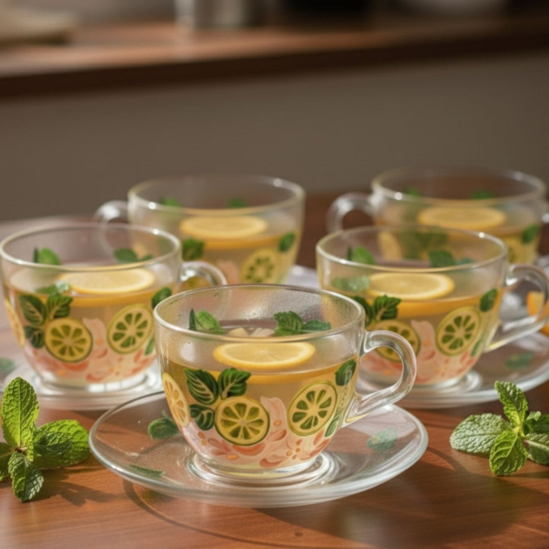 Hand-Painted Lime Lush Glass Tea Cups With Saucers