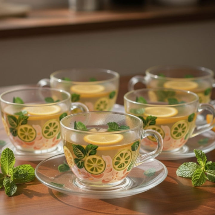Hand-Painted Lime Lush Glass Tea Cups With Saucers