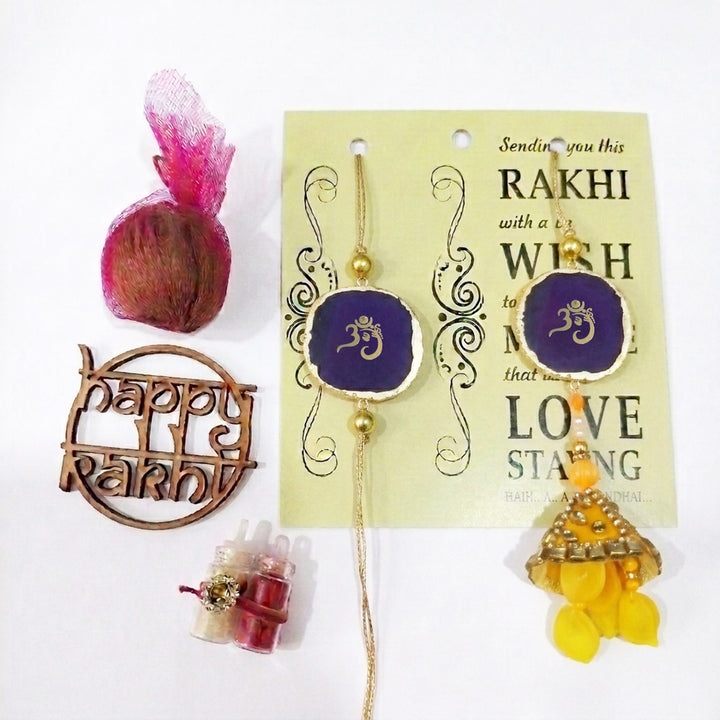 Handmade "Om" Purple Premium Agate Bhaiya Bhabhi Couple Rakhi And Lumba Set With Roli Chawal, Nariyal And Gift Box | Set of 2