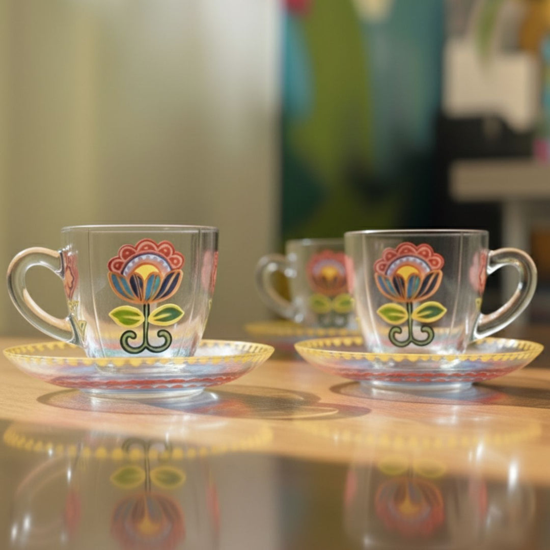 Hand-Painted Gulzaar Glass Tea Cups With Saucers