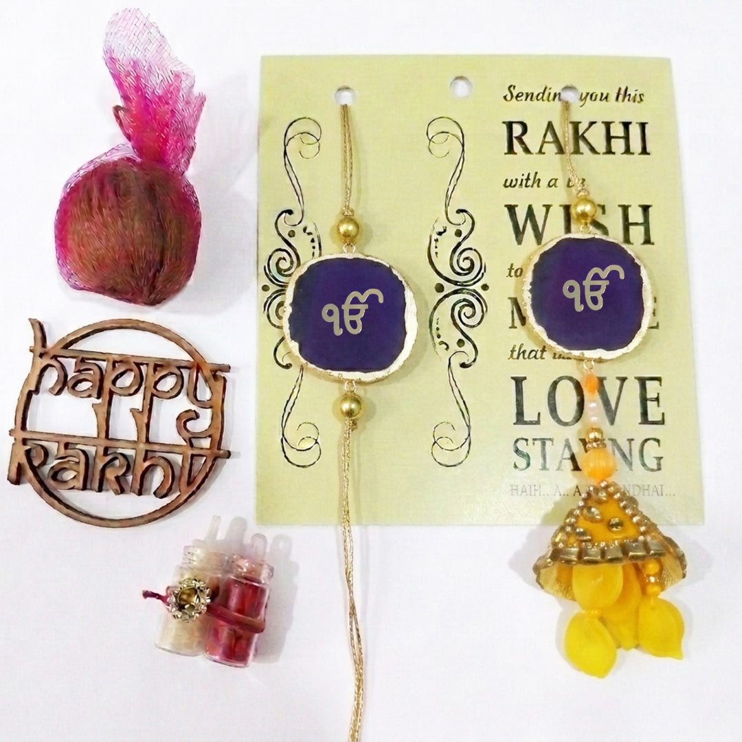 Handmade "Ik Onkar" Purple Premium Agate Bhaiya Bhabhi Couple Rakhi And Lumba Set With Roli Chawal, Nariyal And Gift Box | Set of 2