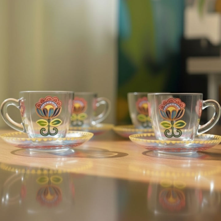 Hand-Painted Gulzaar Glass Tea Cups With Saucers