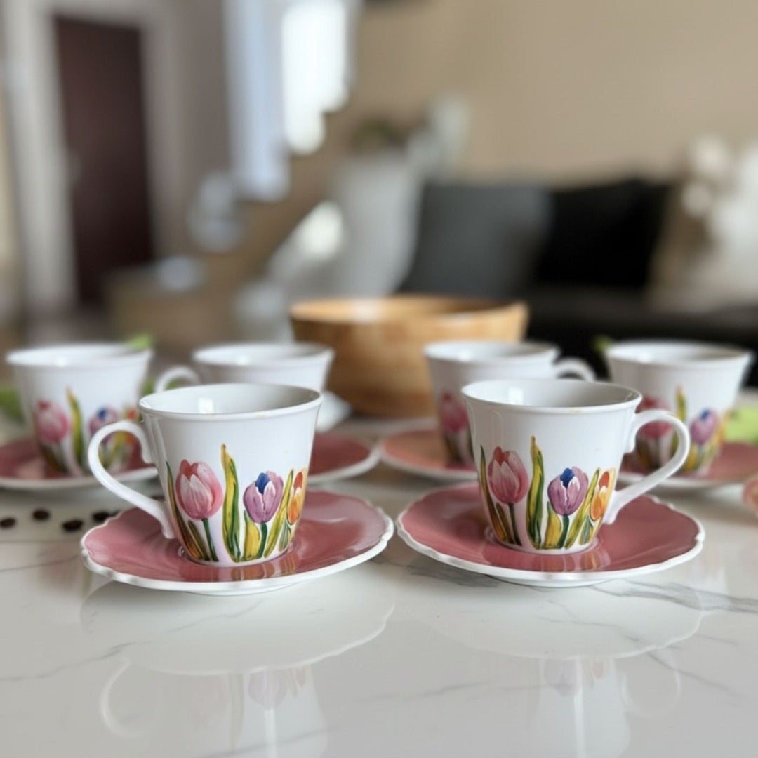 Hand-Painted Tula Ceramic Tea Cups With Saucers