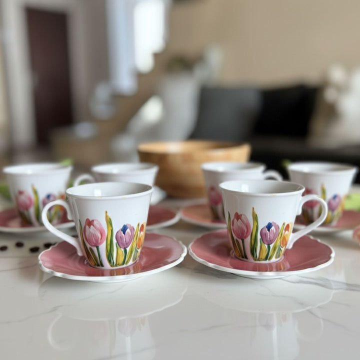 Hand-Painted Tula Ceramic Tea Cups With Saucers