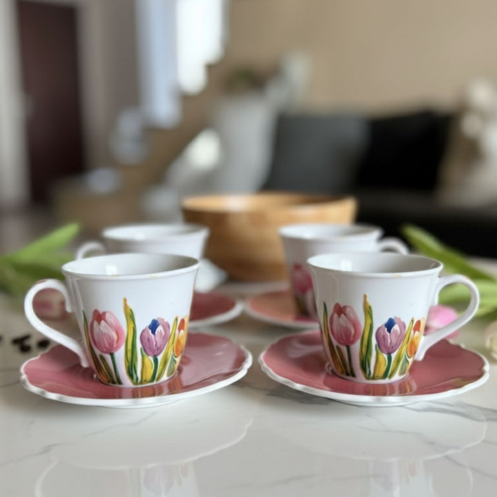 Hand-Painted Tula Ceramic Tea Cups With Saucers