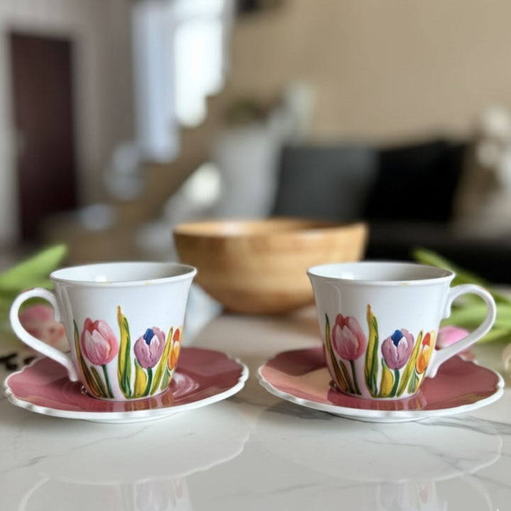 Hand-Painted Tula Ceramic Tea Cups With Saucers
