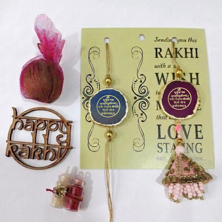 Handmade "Gayatri Mantra" Pink And Blue Premium Agate Bhaiya Bhabhi Couple Rakhi And Lumba Set With Roli Chawal, Nariyal And Gift Box | Set of 2