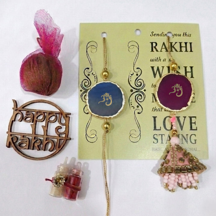 Handmade "Om" Pink And Blue Premium Agate Bhaiya Bhabhi Couple Rakhi And Lumba Set With Roli Chawal, Nariyal And Gift Box | Set of 2