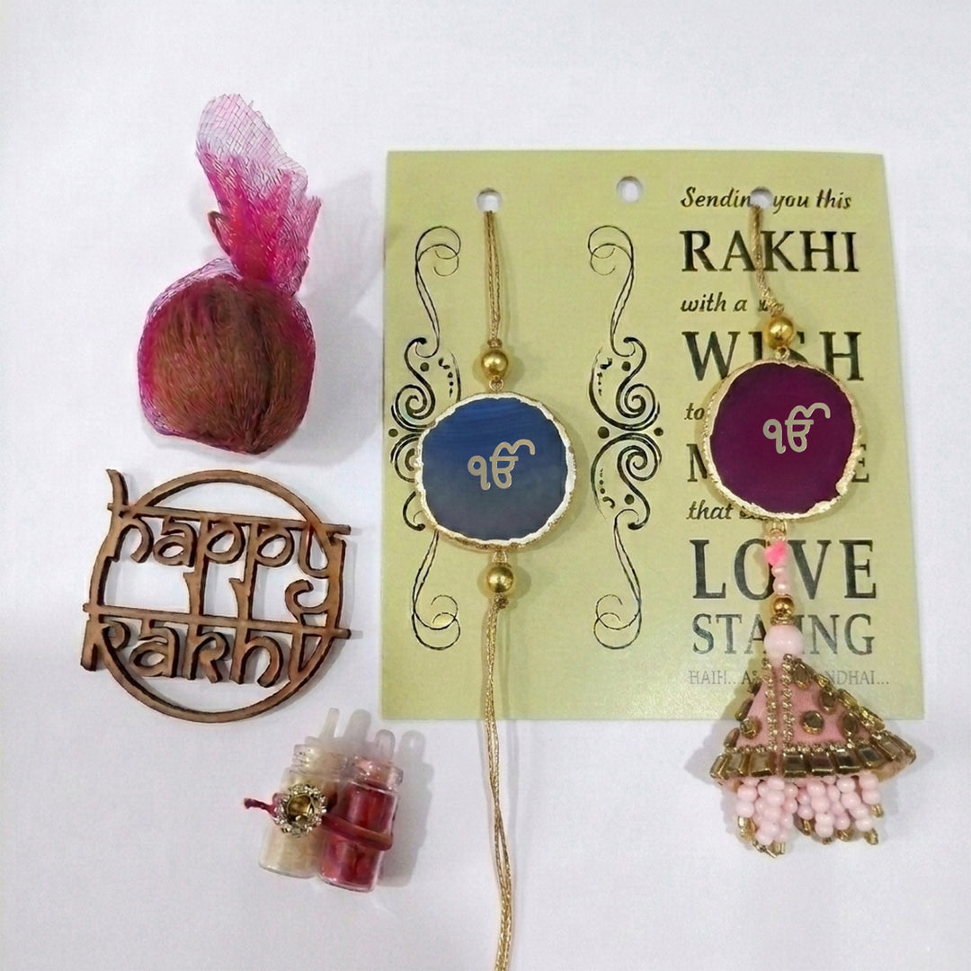 Handmade "Ik Onkar" Pink And Blue Premium Agate Bhaiya Bhabhi Couple Rakhi And Lumba Set With Roli Chawal, Nariyal And Gift Box | Set of 2