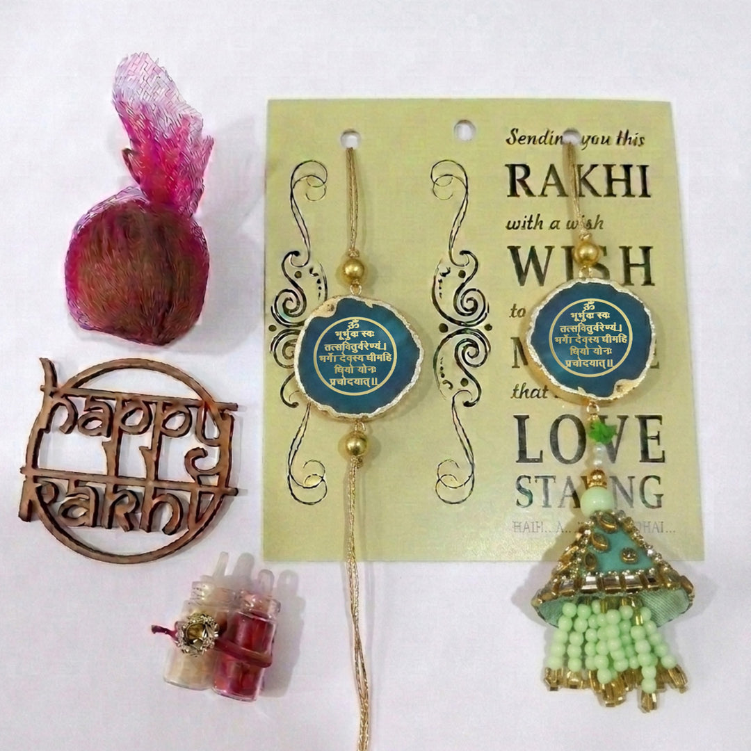 Handmade "Gayatri Mantra" Green Premium Agate Bhaiya Bhabhi Couple Rakhi & Lumba Set With Roli Chawal, Nariyal And Gift Box | Set of 2