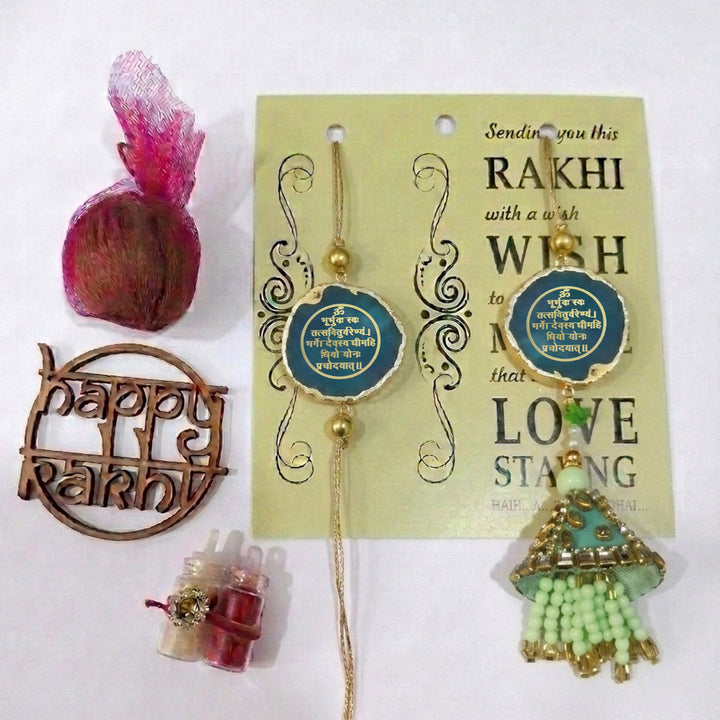 Handmade "Gayatri Mantra" Green Premium Agate Bhaiya Bhabhi Couple Rakhi & Lumba Set With Roli Chawal, Nariyal And Gift Box | Set of 2