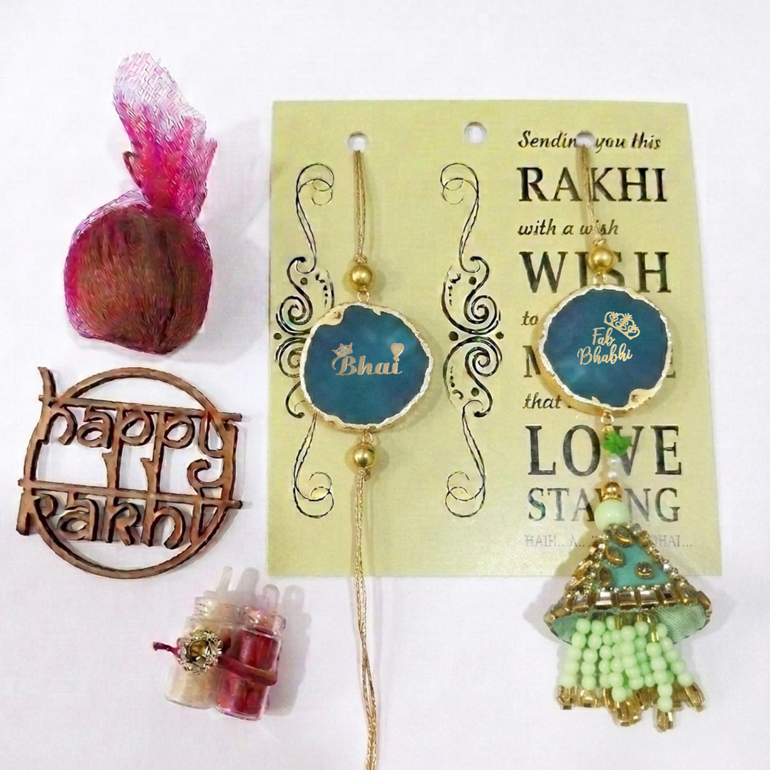 Handmade "Bhai Bhabhi" Green Premium Agate Couple Rakhi And Lumba Set With Roli Chawal, Nariyal And Gift Box | Set of 2