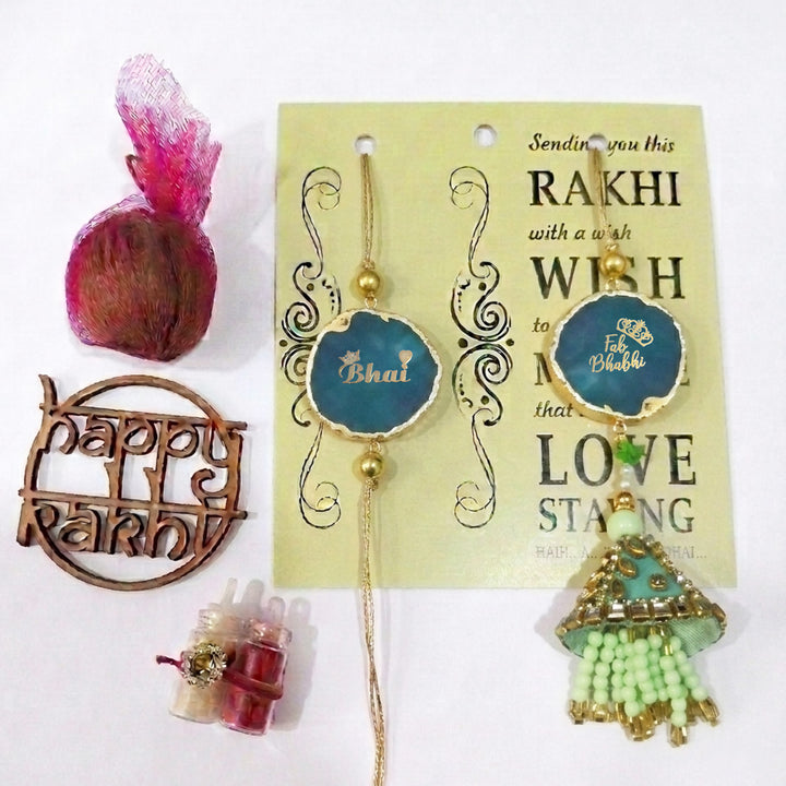 Handmade "Bhai Bhabhi" Green Premium Agate Couple Rakhi And Lumba Set With Roli Chawal, Nariyal And Gift Box | Set of 2