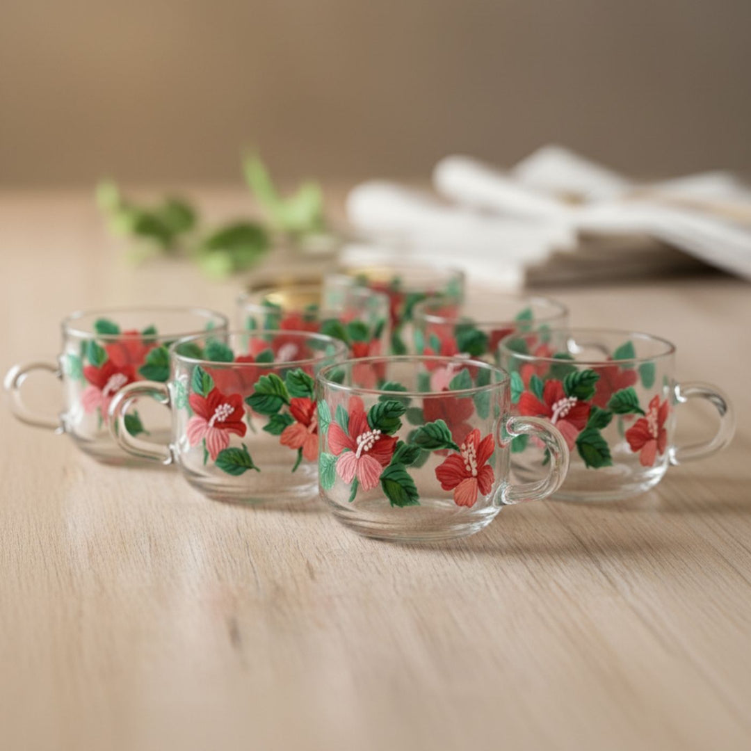 Hand-Painted Hibiscus Square Glass Tea Cups