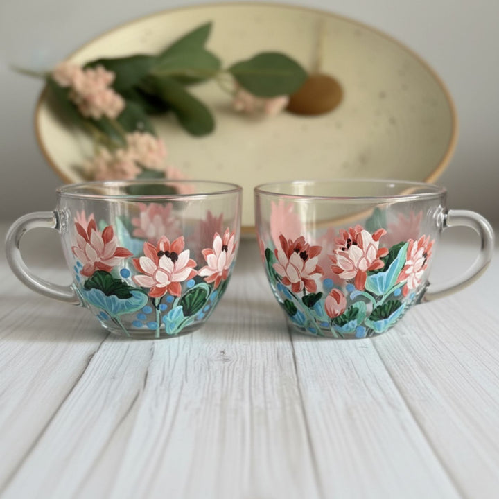 Hand-Painted Lotus Dreams Glass Tea Cups