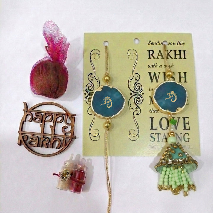 Handmade "Om" Green Premium Agate Bhaiya Bhabhi Couple Rakhi And Lumba Set With Roli Chawal, Nariyal And Gift Box | Set of 2