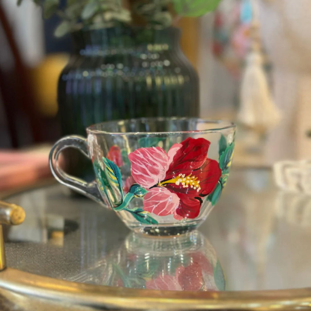 Hand-Painted Hibiscus Conical Glass Tea Cups