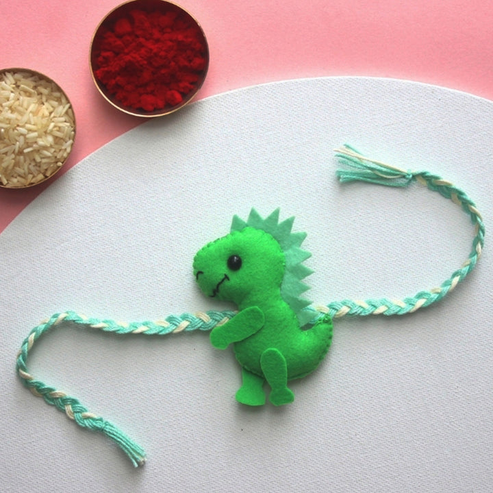 Soft Handmade Dinosaur Felt Rakhi With Roli Chawal for Kids