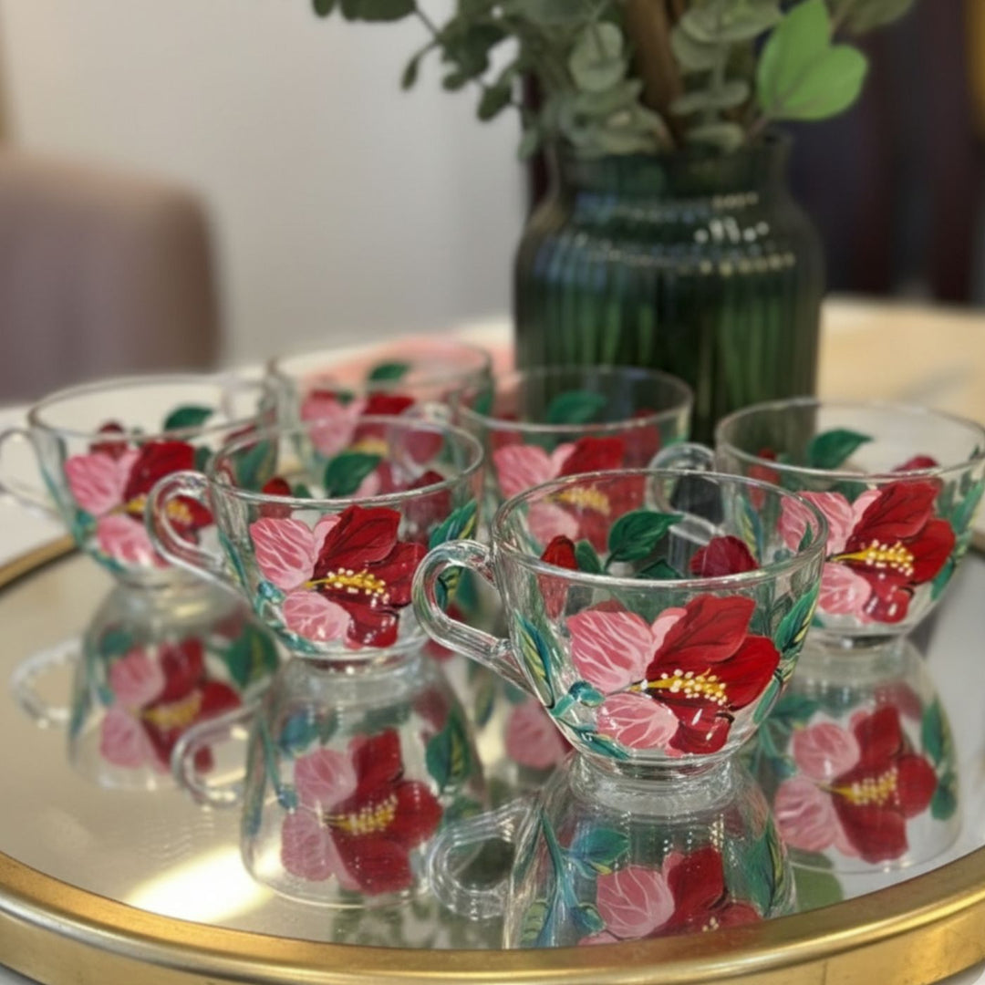 Hand-Painted Hibiscus Conical Glass Tea Cups