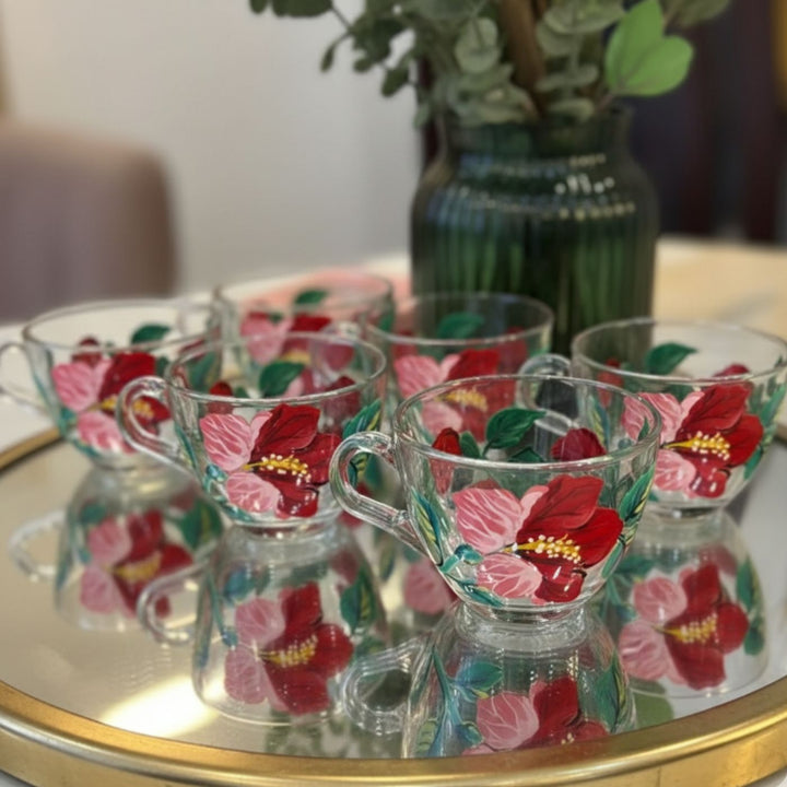 Hand-Painted Hibiscus Conical Glass Tea Cups