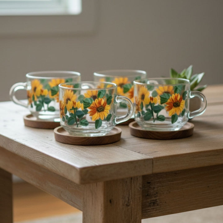 Hand-Painted Sunflowers Glass Tea Cups