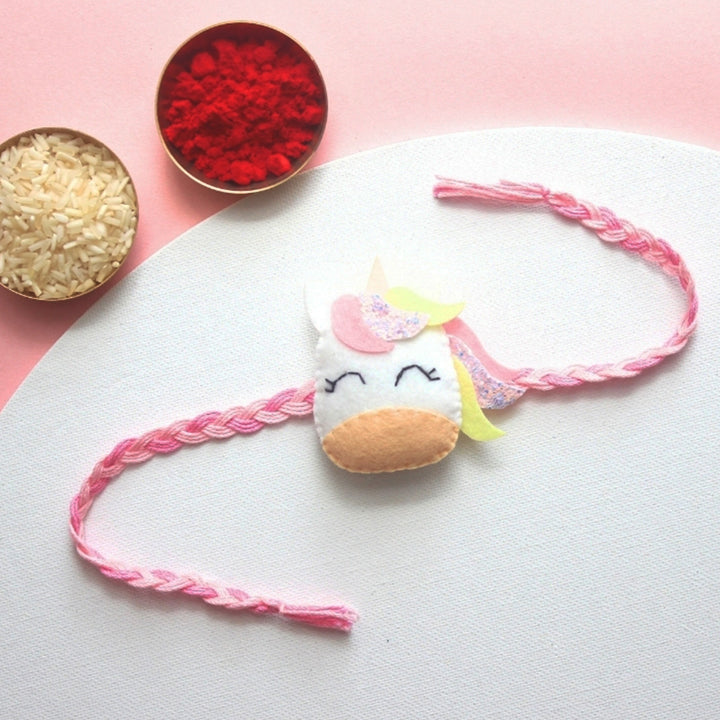 Soft Handmade Unicorn Felt Rakhi With Roli Chawal for Kids