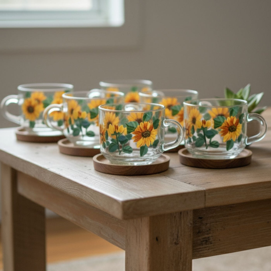 Hand-Painted Sunflowers Glass Tea Cups