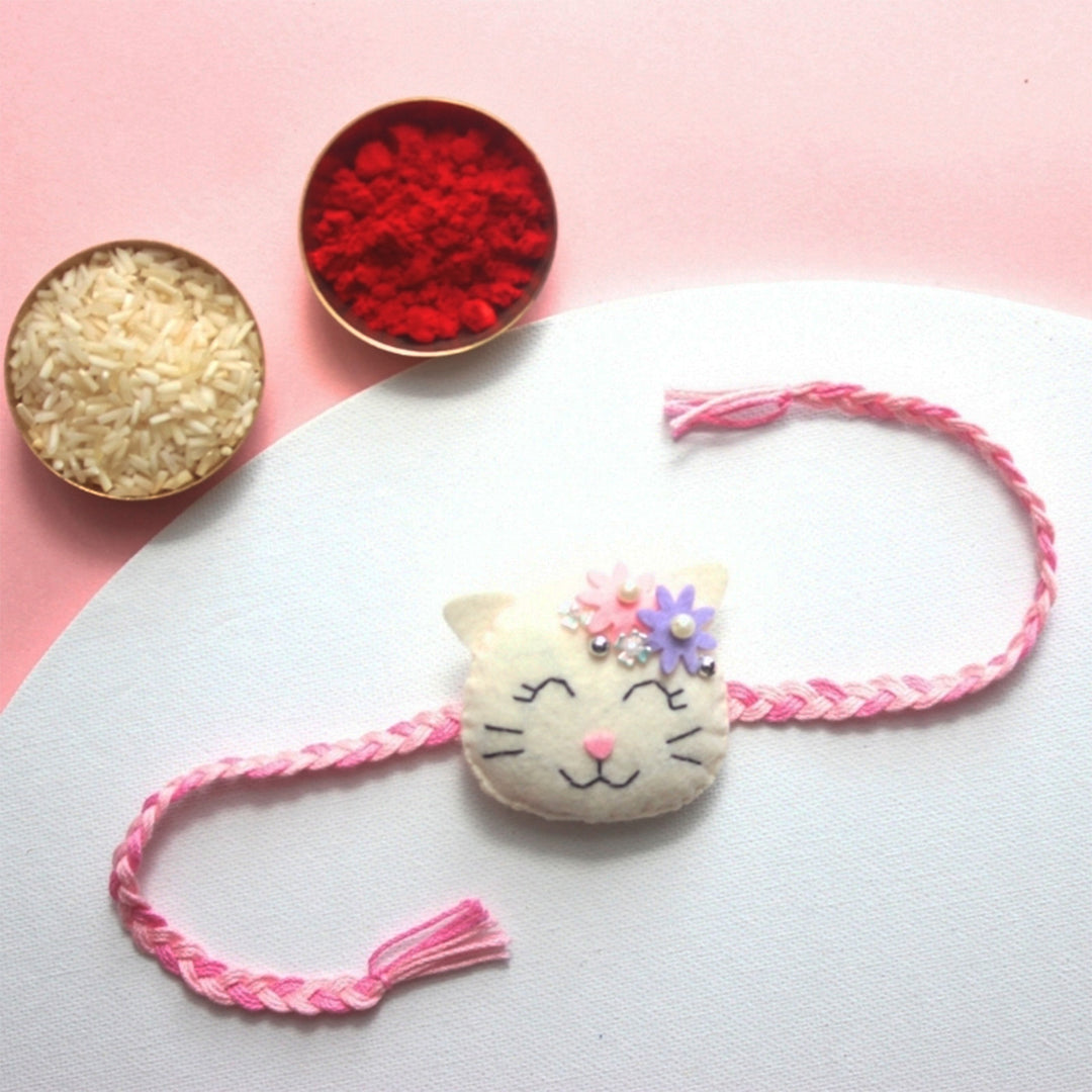 Soft Handmade Kitty Felt Rakhi With Roli Chawal for Kids