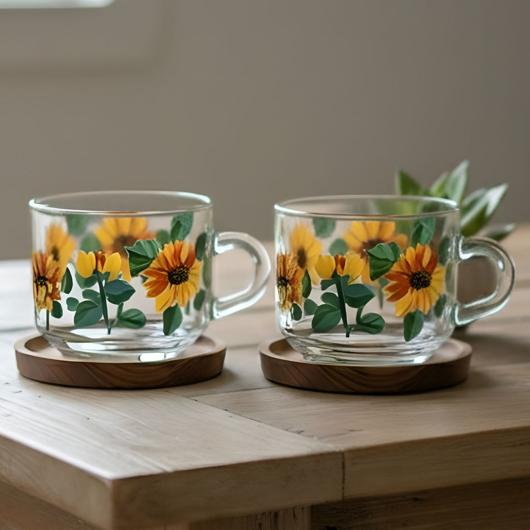 Hand-Painted Sunflowers Glass Tea Cups
