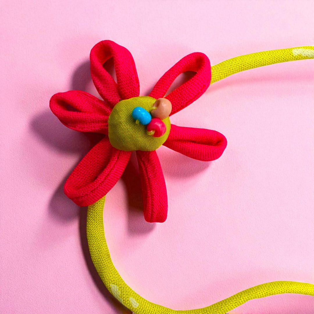 Handmade Beaded Pink Petal Flower Design Upcycled Fabric Rakhi With Roli Chawal For Brother - Close-up of Floral Detail