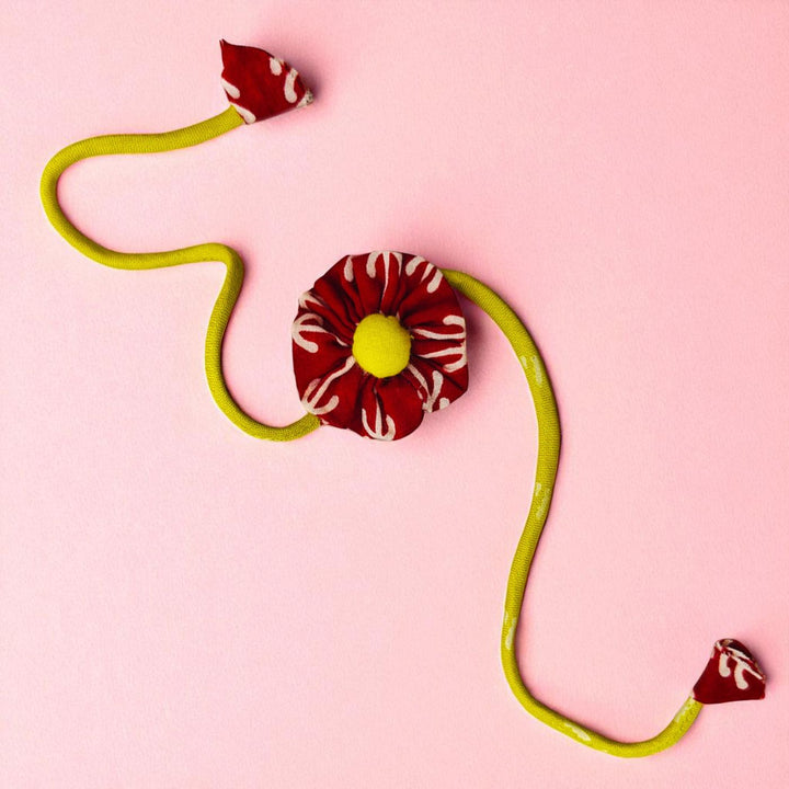 Handmade Floral Pom Pom Upcycled Fabric Rakhi With Roli Chawal For Brother - Full Length View
