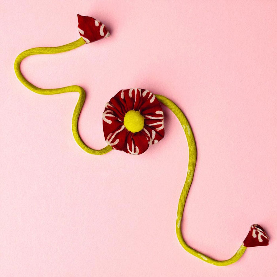 Handmade Floral Pom Pom Upcycled Fabric Rakhi With Roli Chawal For Brother - Full Length View