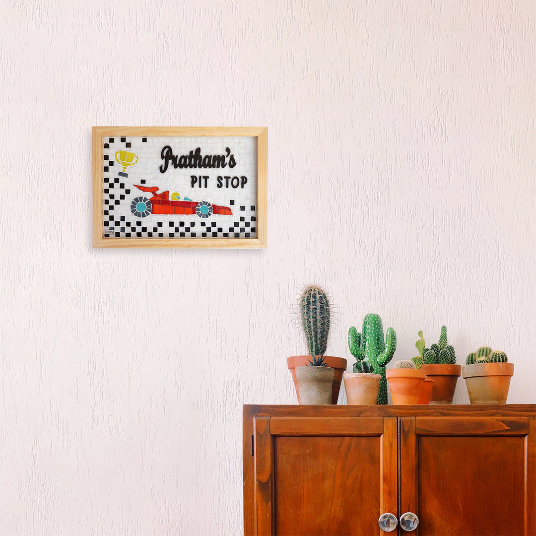 Handcrafted Mosaic Personalized Name Plate With Wooden Frame 5 - Mounted on Wall Above Furniture